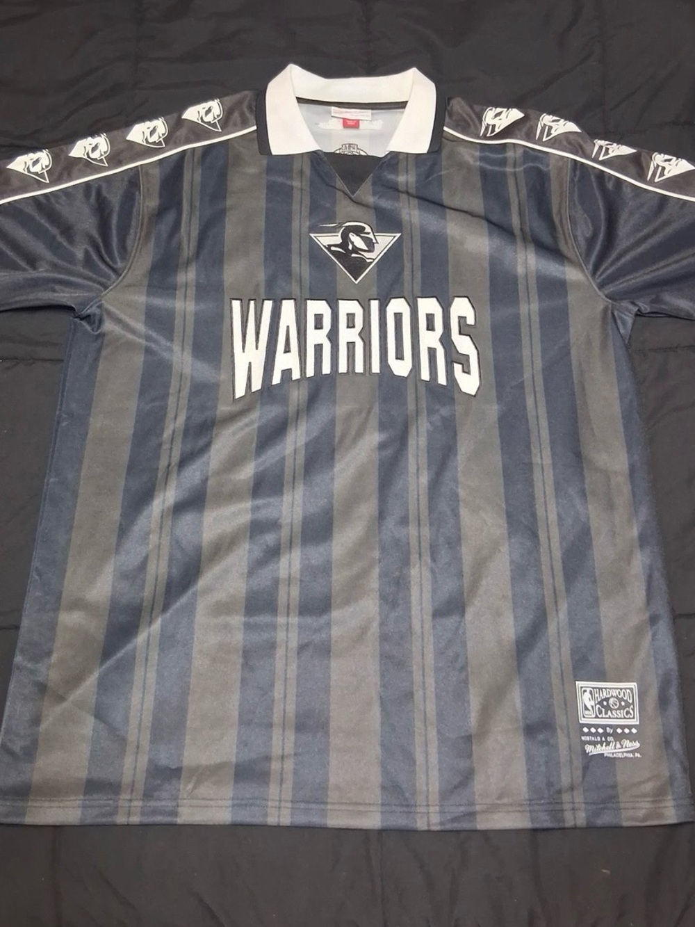 Mitchell & Ness Men NBA Golden State Warriors Striped Striker Polo Shirt L -NWOT
